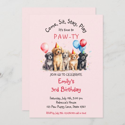 Invitation Chien chiot animal Pawty (Devant / Derrière)