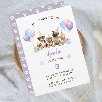 Invitation Chien chiot Anniversaire fête Purple Aquarelle