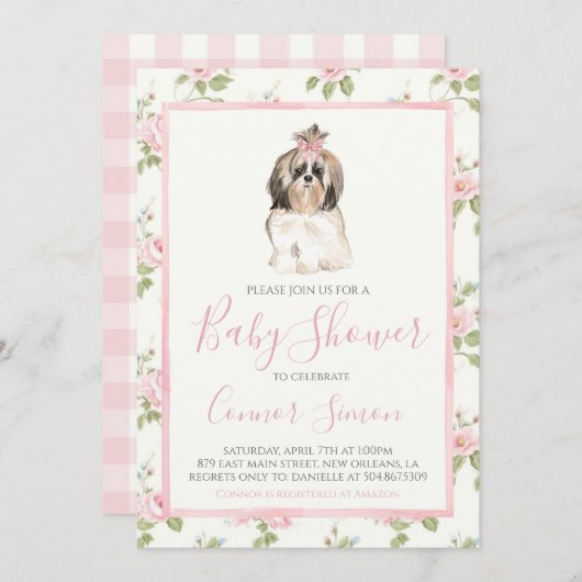 Invitation Chien chiot Baby shower fille (Devant / Derrière)