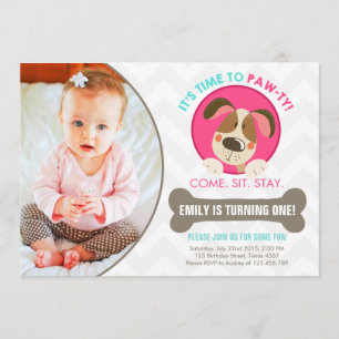 Invitation chien chiot chevron rose turquoise