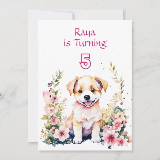 Invitation Chien chiot en fleurs Fête d'anniversaire de la fi (Devant)