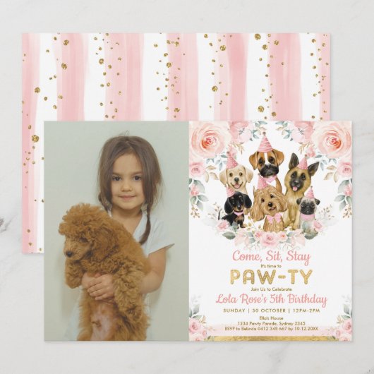 Invitation Chien chiot fille fête d'anniversaire Blush Floral (Devant / Derrière)