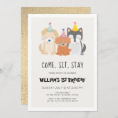 Invitation Chien chiot Parties scintillant or Anniversaire Pa (Devant / Derrière)
