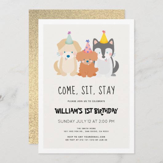 Invitation Chien chiot Parties scintillant or Anniversaire Pa (Devant / Derrière)