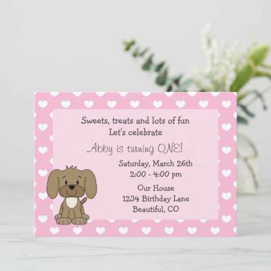 Invitation Chien coquelicot mignon, Coeurs blancs sur rose 1e (Debout devant)