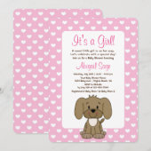 Invitation Chien coquelicot mignon et Coeurs Baby shower rose (Devant / Derrière)