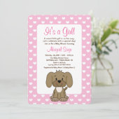 Invitation Chien coquelicot mignon et Coeurs Baby shower rose (Debout devant)
