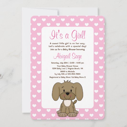 Invitation Chien coquelicot mignon et Coeurs Baby shower rose (Devant)