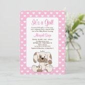 Invitation Chien coquelicot mignon et Coeurs Baby shower rose (Debout devant)