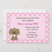 Invitation Chien coquelicot mignon et coeurs filles rose 1er  (Devant)