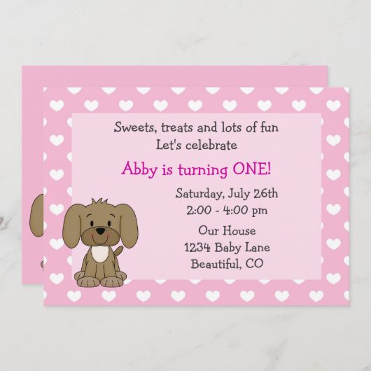 Invitation Chien coquelicot mignon et coeurs filles rose 1er  (Devant / Derrière)