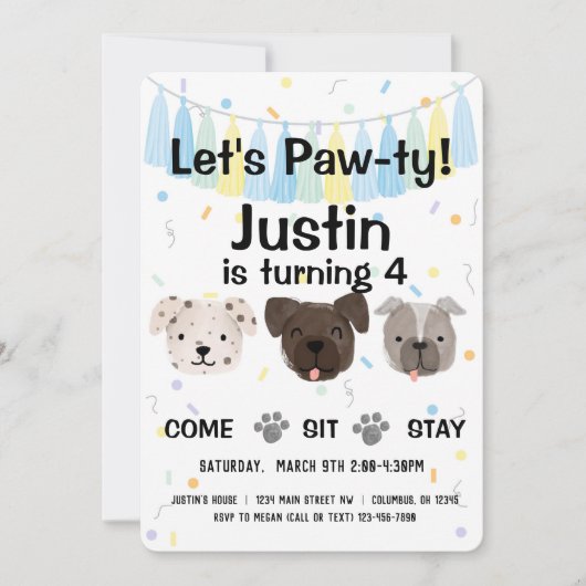 Invitation Chien coquelicot Neutre ou Garçon Anniversaire Paw (Devant)