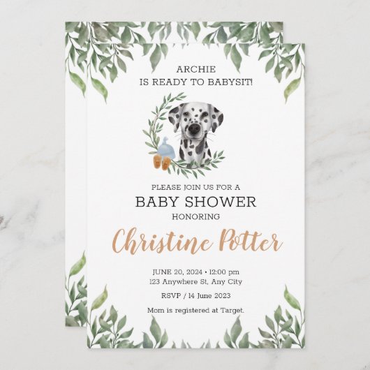 Invitation Chien dalmate Puppy Greenery Boho Baby shower (Devant / Derrière)