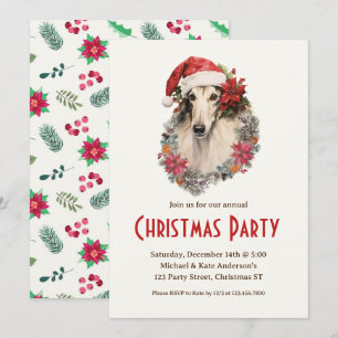 Invitation Chien de Borzoi Santa Hat Poinsettias fête de Noël