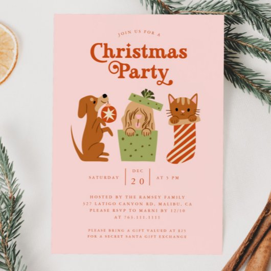 Invitation Chien de chat de Noël rose