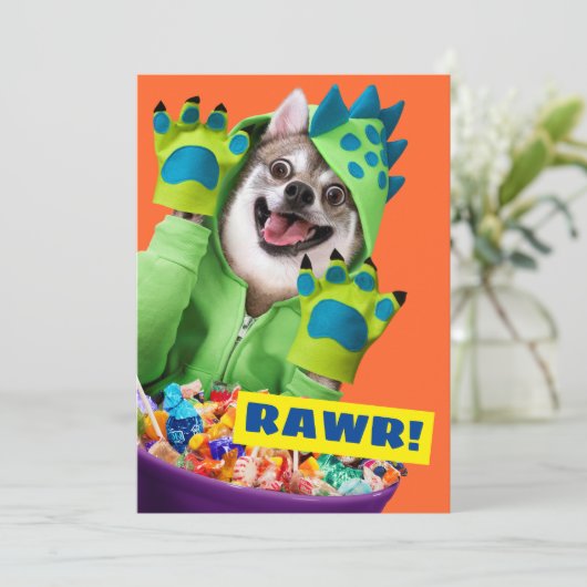 Invitation Chien en en costume de dinosaure (Debout devant)