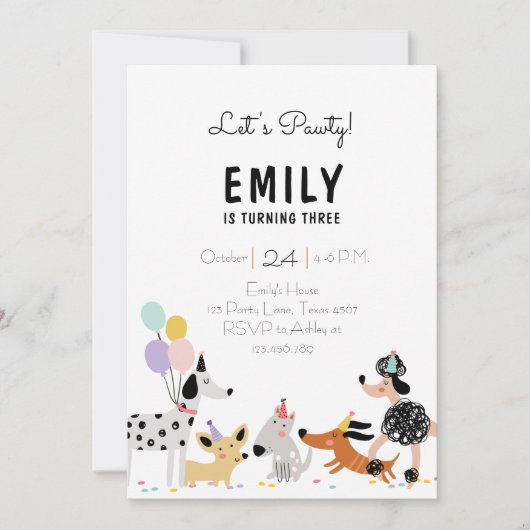 Invitation Chien Fête d'anniversaire Chien Chiot Pawty Fille  (Devant)