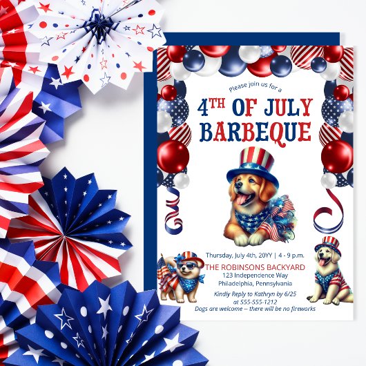 Invitation Chien Friendly Pas de feux d'artifice 4 juillet fê