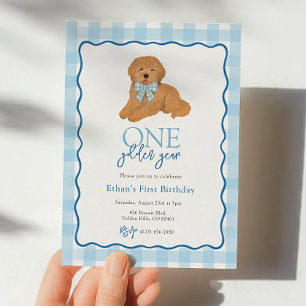 Invitation Chien Goldendoodle Bleu Anniversaire Première Anné