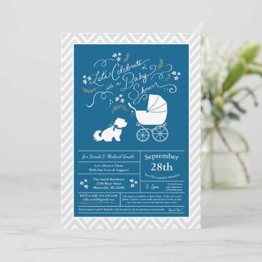 Invitation Chien maltais Baby shower Blue Boy (Debout devant)