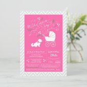 Invitation Chien maltais Baby shower fille rose (Debout devant)