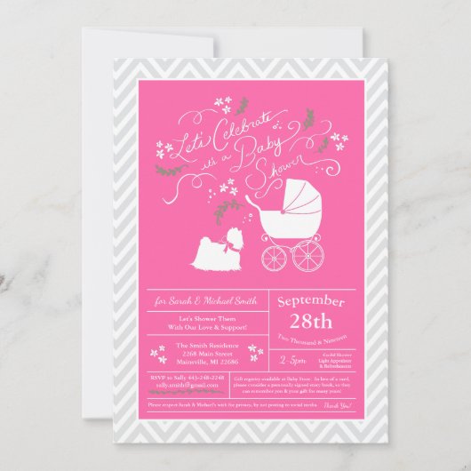 Invitation Chien maltais Baby shower fille rose (Devant)