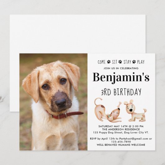 Invitation Chien mignon Anniversaire fête Chiot Personnalisé  (Devant / Derrière)