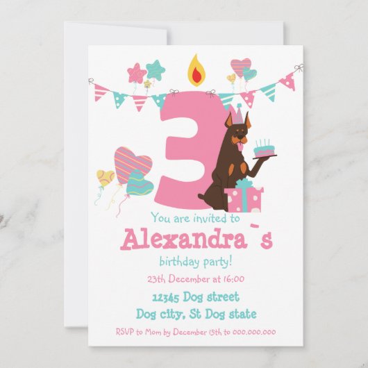 Invitation Chien mignon avec gâteau à côté du numéro Trois An (Devant)