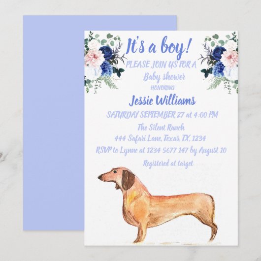 Invitation Chien mignon Dachshund Floral Blue Weiner Baby Boy (Devant / Derrière)