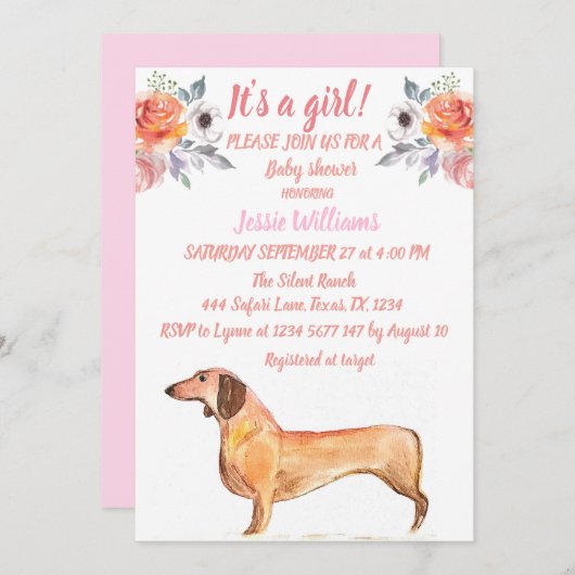 Invitation Chien mignon Dachshund Floral rose Weiner bébé fil (Devant / Derrière)