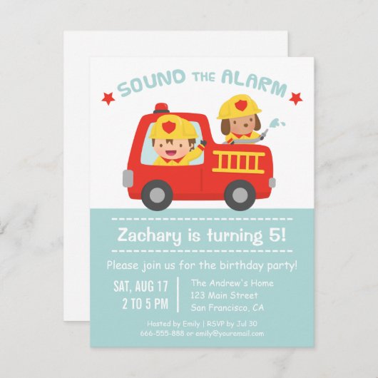 Invitation Chien mignon et garçon Camion Red Fire fête d'anni (Devant / Derrière)