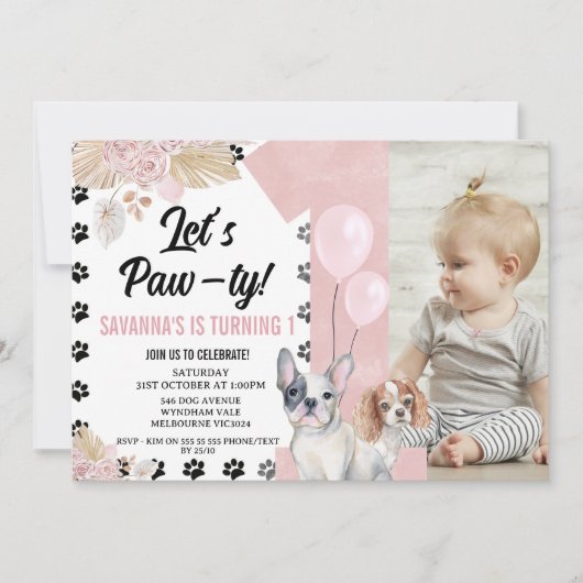 Invitation Chien rose Noir Boho Paw-ty Floral 1er anniversair (Devant)