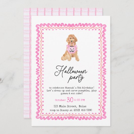 Invitation Chien rose Preppy Citrouille Halloween Party (Devant / Derrière)