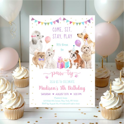 Invitation Chien rose rose or fille Paw-ty Anniversaire