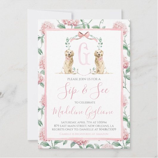 Invitation Chien rose Sip et voir Floral Preppy Sud