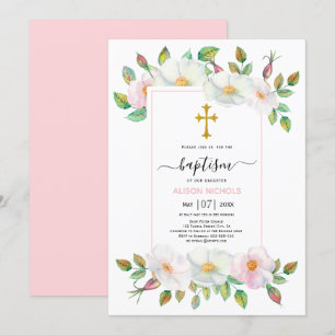 Invitation Chien sauvage blanc et rose rose floral Baptême