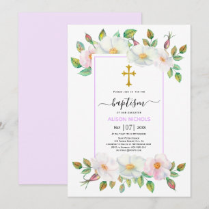 Invitation Chien sauvage blanc rose lavande floral Baptême