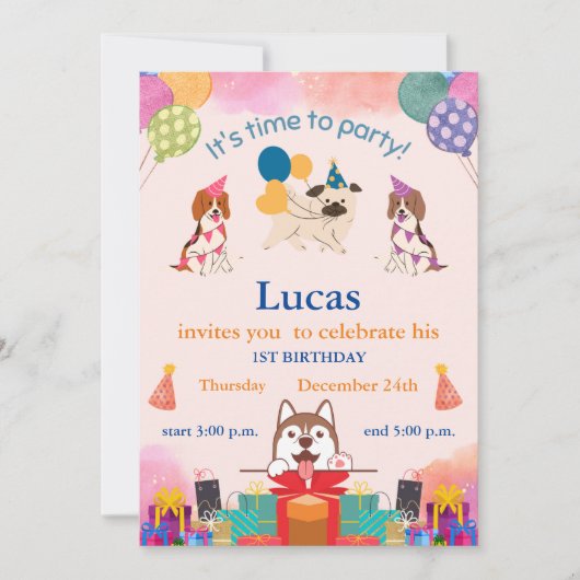 Invitation Chiens amusants 1er anniversaire (Devant)