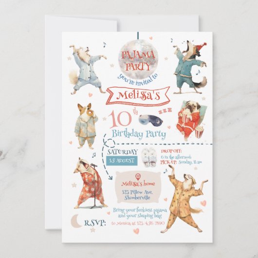 Invitation Chiens amusants Pajama Party Anniversaire Invitati (Devant)