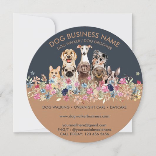 Invitation Chiens aux fleurs cercle (Devant)