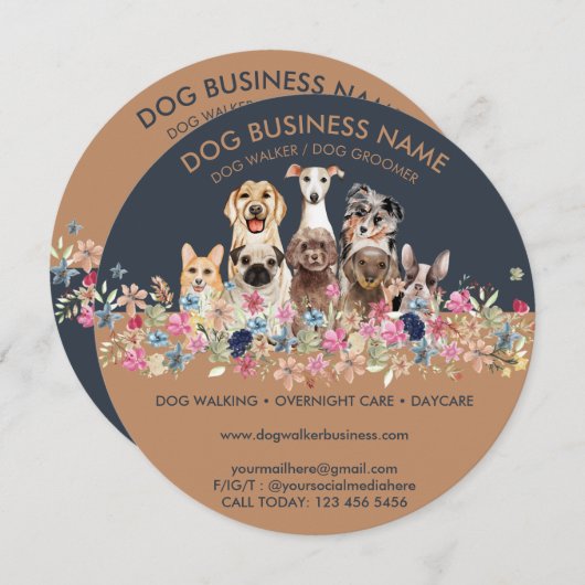 Invitation Chiens avec fleurs autour (Devant / Derrière)