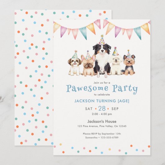 Invitation Chiens de fête formidables Anniversaire garçons âg (Devant / Derrière)