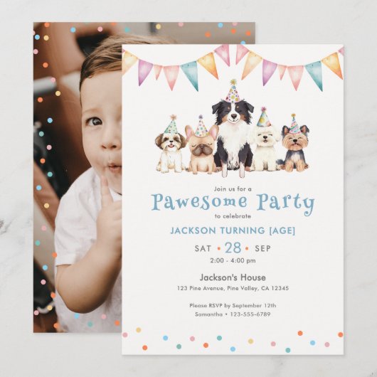Invitation Chiens de fête formidables Photo d'anniversaire de (Devant / Derrière)