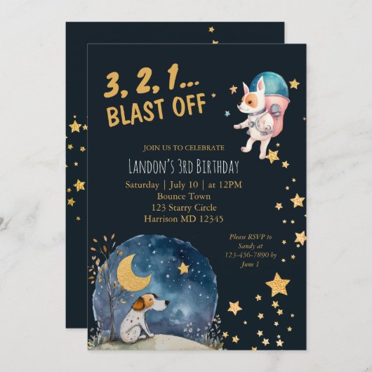 Invitation Chiens de l'espace cool garçons Troisième annivers (Devant / Derrière)