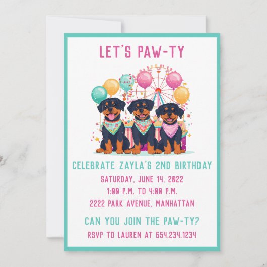 Invitation Chiens De Rottweiler D'Anniversaire À Un Carnaval (Devant)