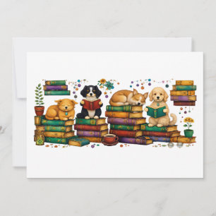 Invitation Chiens lisant des livres Scène de bibliothèque cos