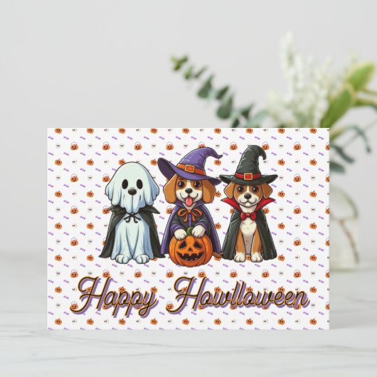 Invitation Chiens mignons en fantôme, sorcière et vampire  (Debout devant)