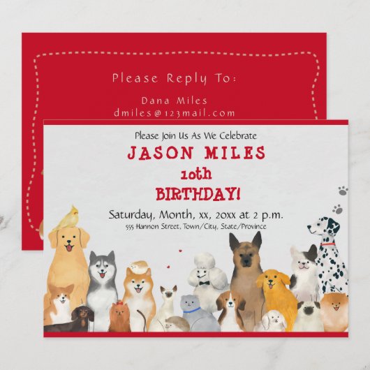 Invitation Chiens mignons pour la fête d'anniversaire des enf (Devant / Derrière)