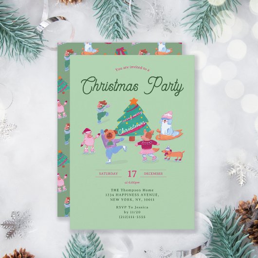 Invitation Chiens Patinage sur glace Pistache Green Christmas