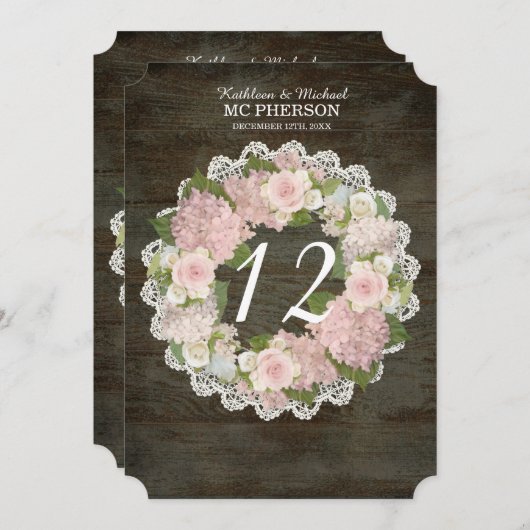 Invitation Chiffres de table en bois foncé rustique Rose d'Hy (Devant / Derrière)